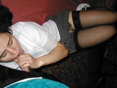 I love my lastful girlfriend exposing her pretty titties and pink hole wearing her smooth stockings. Image 4